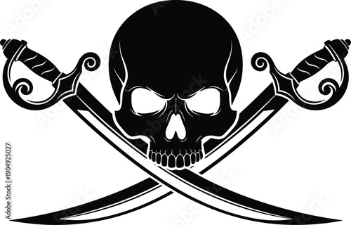 Black silhouette pirate skull with crossed scimitar swords vector illustration, jolly roger emblem for nautical adventure, maritime symbol, and aggressive tattoo design.