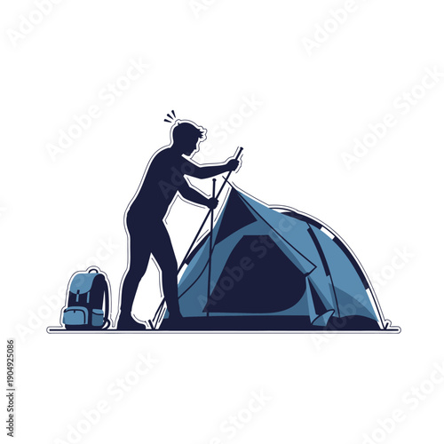 Silhouette of a hiker setting up a tent outdoors