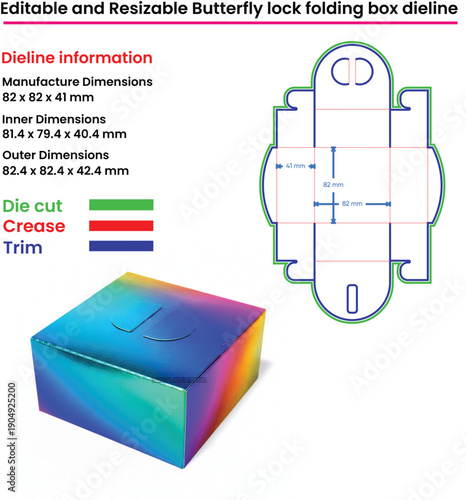 Butterfly lock folding box dieline with dimensions and color codes packaging