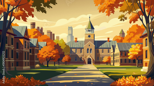 Very beautiful autumn scenery at Princeton University, where golden foliage frames historic academic buildings, creating a classic Ivy League seasonal atmosphere.