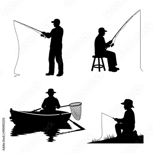 Silhouettes of people fishing in various outdoor settings