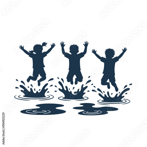 Children joyfully jumping and splashing in puddles a playful scene