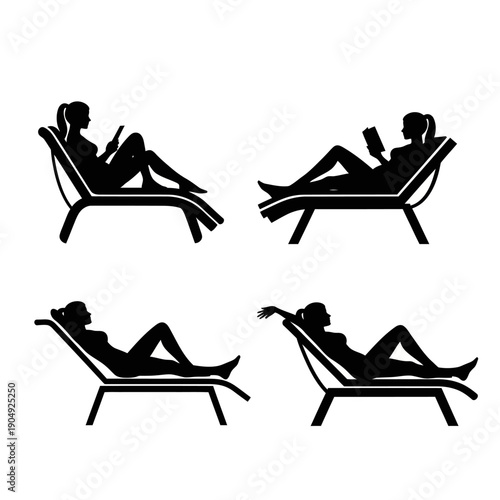 Silhouettes of people relaxing on lounge chairs in various poses