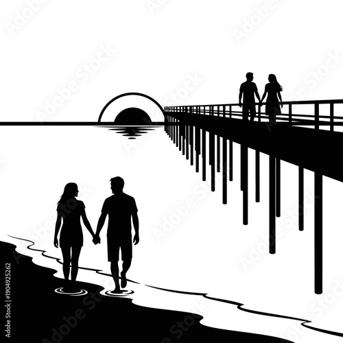 Silhouette of a couple walking on a pier at sunset