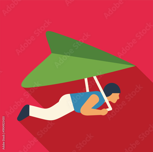 Man flying a hang glider on a red background with long shadow