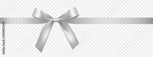 Silver bow with long silver ribbon isolated on transparent background, made in realistic style.