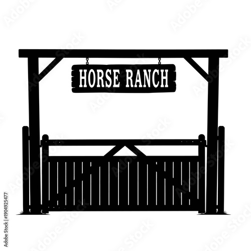 Black and white illustration of a horse ranch sign with a gate