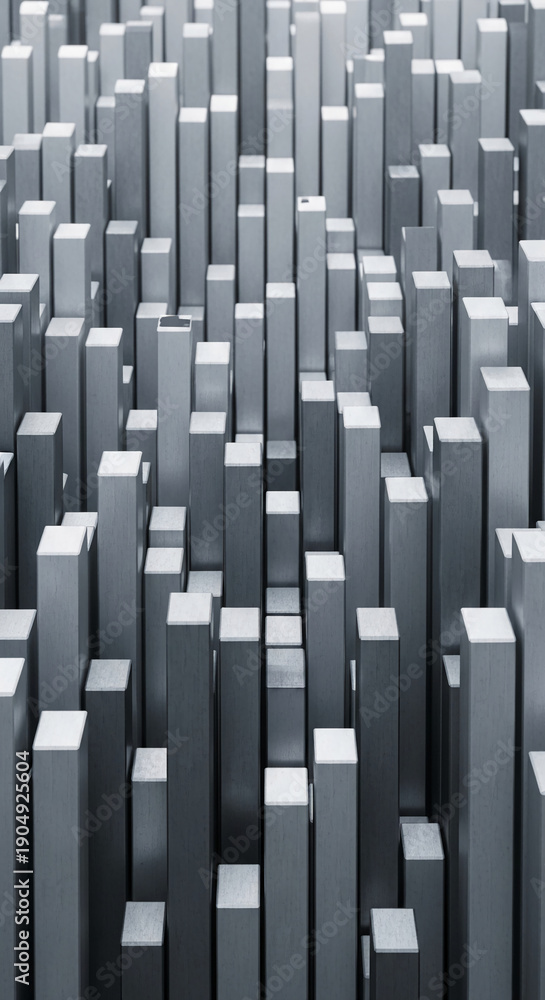 Obraz premium Many rectangular prism structures of varied heights with a rough gray texture, representing dimension, elevation, and abstract cityscape concepts