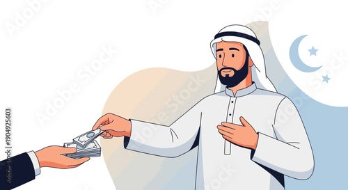 Arab Man Giving Money Zakat Charity or Financial Transaction.
