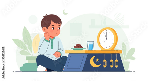 Boy Waiting for Iftar Time During Ramadan Fasting.