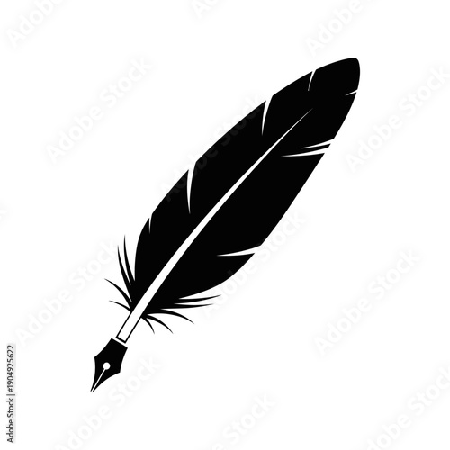 A black quill pen with a delicate feather isolated on white