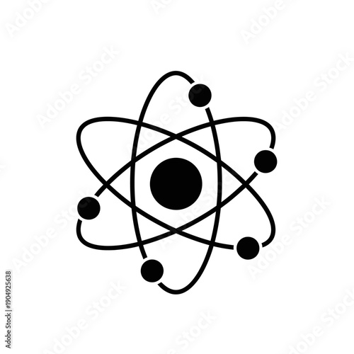 Simple black and white illustration of an atomic structure with orbiting electrons