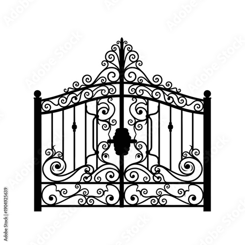 Ornate black wrought iron gate with decorative swirls and vertical bars