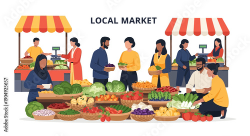 Bustling Local Market Scene with Diverse Vendors and Customers.