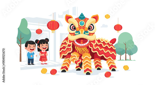 Chinese Lion Dance Performance with Children Watching.