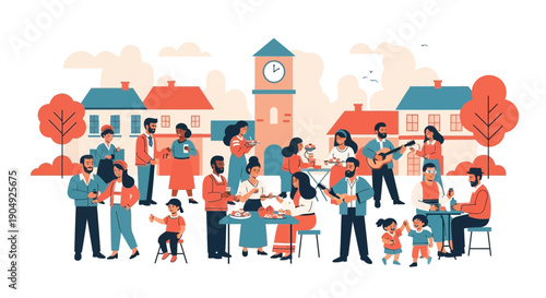 Community Gathering with Music Food and Festivities in Town Square.