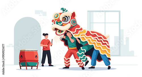 Chinese Lion Dance Performance with Drummer and Performers.