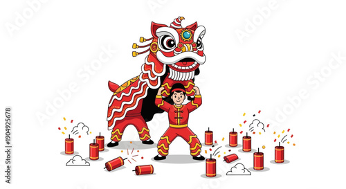 Chinese Lion Dance Performance with Firecrackers for Lunar New Year.