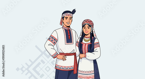 Couple in Traditional Mari Ethnic Clothing Illustration.