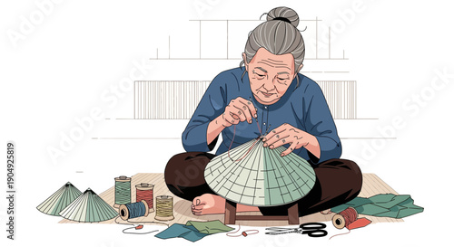 Elderly Woman Crafting a Traditional Vietnamese Conical Hat 3.