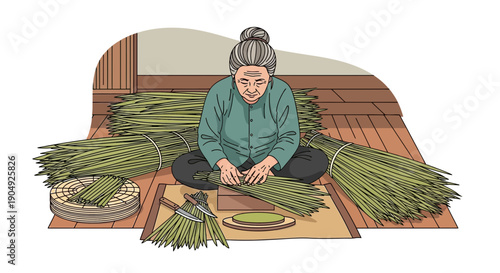 Elderly Woman Crafting Bundles of Green Stalks on a Mat.