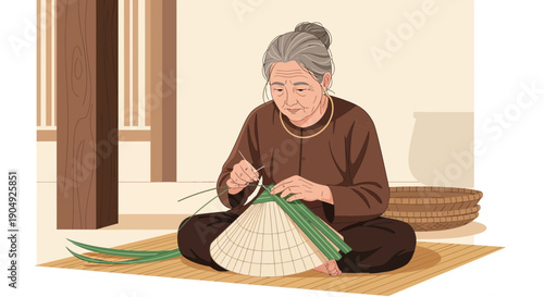 Elderly Woman Crafting Traditional Vietnamese Conical Hat with Precision 1.
