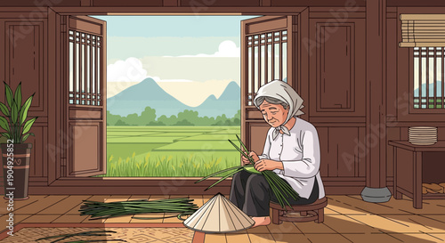 Elderly Woman Crafting Traditional Items in a Rustic Setting.
