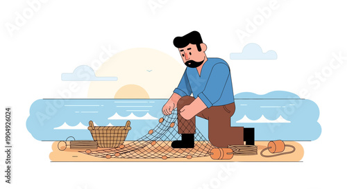 Fisherman Mending Net on Beach Coastal Scene Illustration.