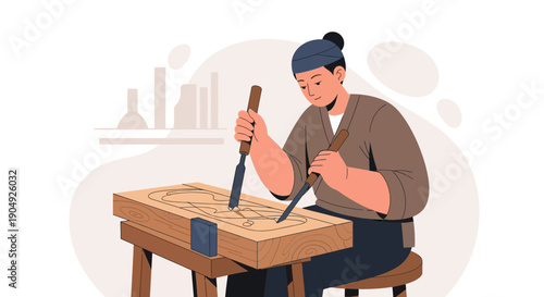 Focused Woodworker Carving Intricate Design with Chisel and Mallet.