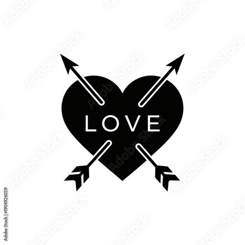A black heart pierced by three arrows with the word love inside