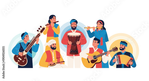 Group of Musicians Playing Traditional Instruments in Harmony.