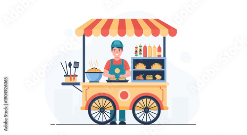 Illustration of a Street Food Vendor with Cart and Awning.
