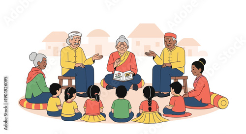 Intergenerational storytelling circle with elders and children sharing stories.