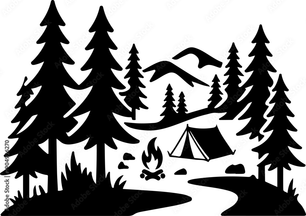 Fototapeta premium Forest Camping Landscape Silhouette Vector Illustration