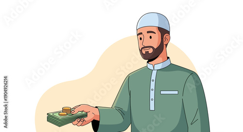 Muslim Man Giving Zakat Religious Obligation and Charity Concept.