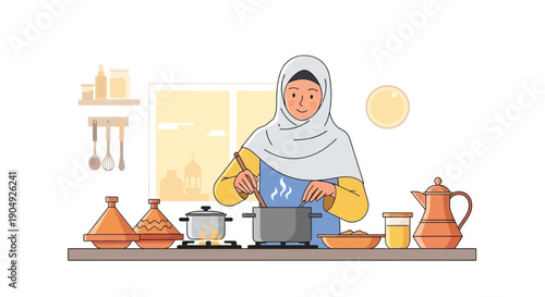 Muslim Woman Cooking Traditional Food in Kitchen Illustration.
