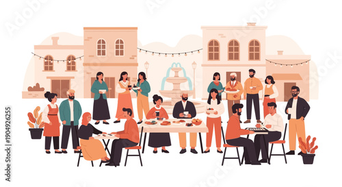 Outdoor Celebration People Gather for a Festive Meal in the City.