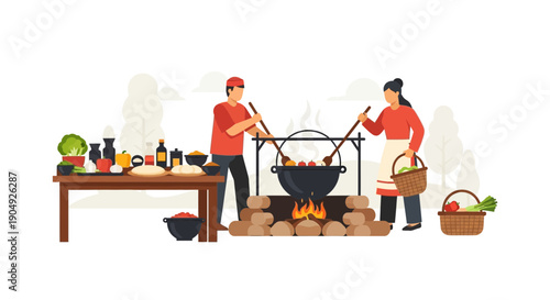Outdoor Cooking Scene People Preparing Food Over Open Fire.