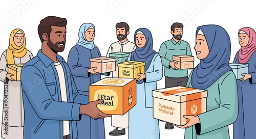 Ramadan Iftar Meal Distribution Volunteers Sharing Food Boxes.