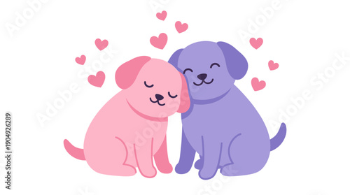 Cuddling Dogs Vector Illustration | Pink and Purple Cartoon Pets with Hearts | Editable Love Graphic for Companionship, Affection, Animal Decor, and Relationship-Themed Design Projects