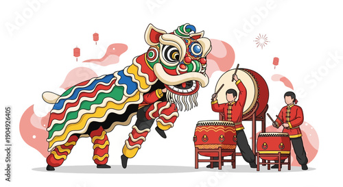 Vibrant Chinese Lion Dance Performance with Drummers.