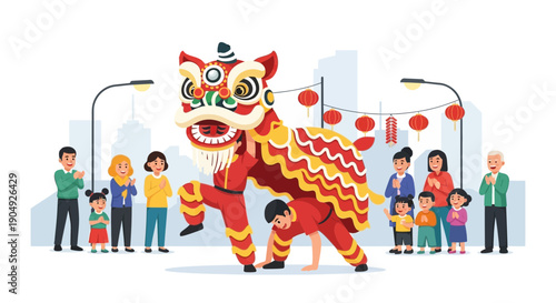 Vibrant Chinese Lion Dance Performance with Cheering Crowd.