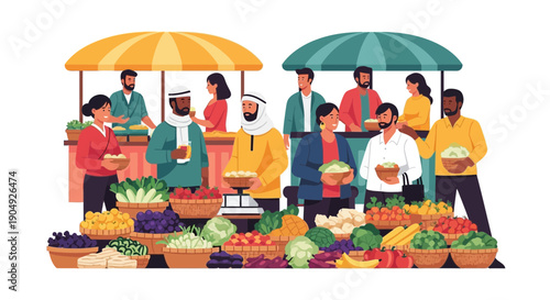 Vibrant Farmers Market Scene with Diverse Vendors and Fresh Produce.