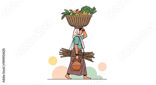 Woman Carrying Basket of Produce and Bundle of Sticks.