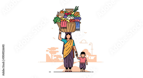 Woman carrying basket on head with child in tow.