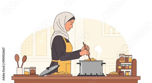 Woman in Hijab Cooking Meal in Kitchen.
