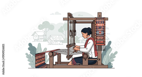 Woman Weaving Traditional Textile on Loom with Focus and Precision.