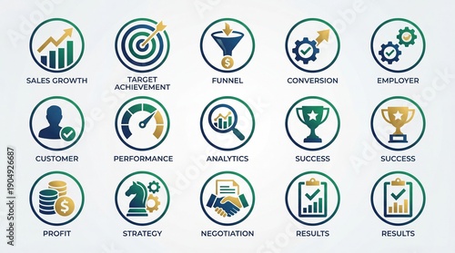 Business icons for sales growth, target achievement, and conversion