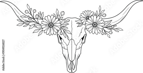 Minimalist vector illustration of a bull skull with long horns adorned with delicate daisy flowers and leaves, elegant boho line art design.