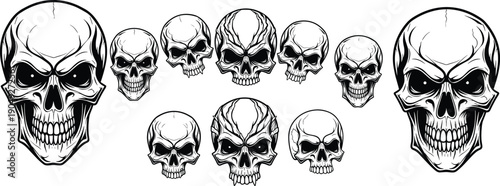 Vector collection of ten aggressive human skull illustrations featuring detailed bone textures, angry facial expressions, and anatomical heads for gothic tattoo design concepts.